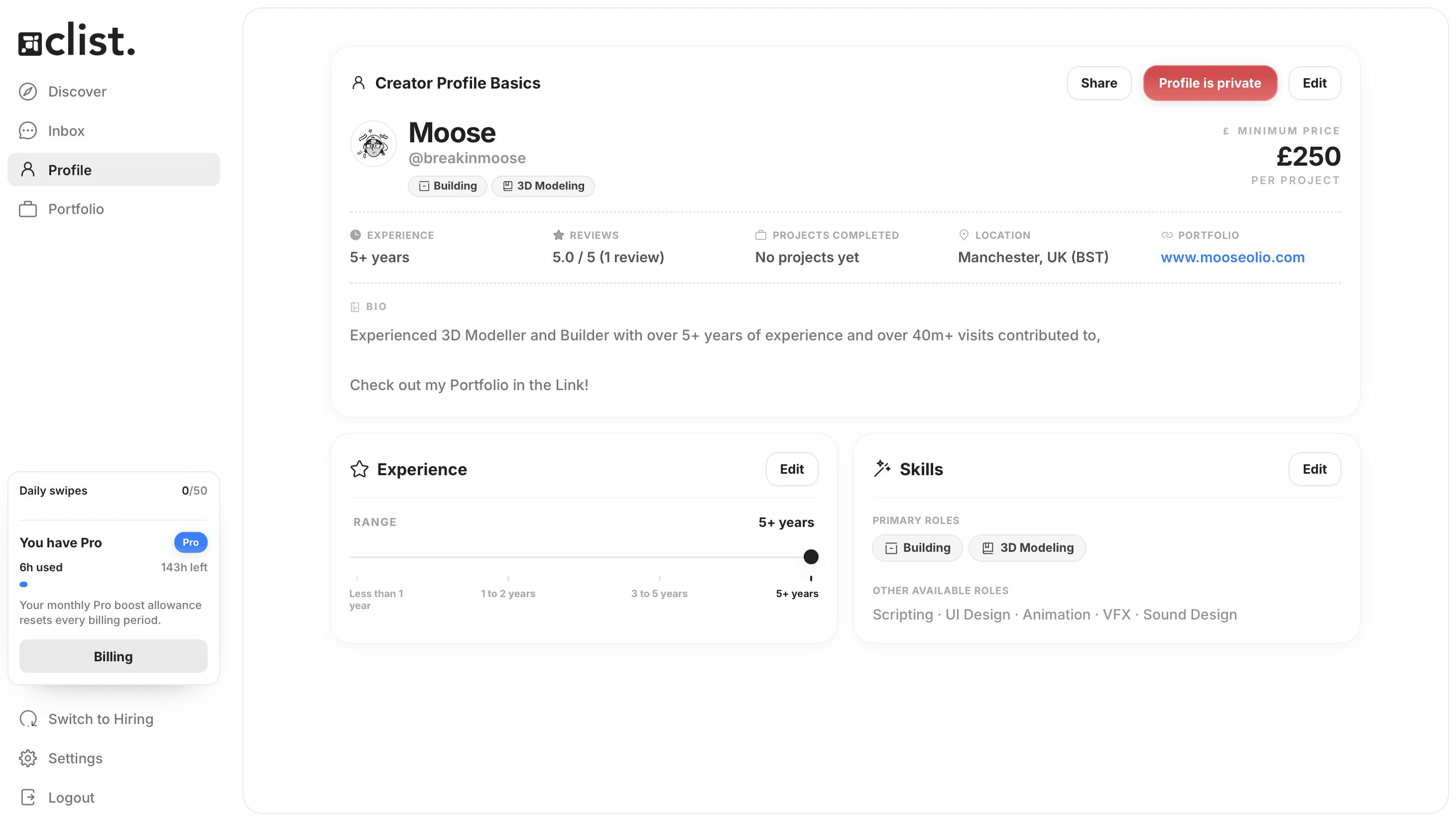 clist. profile preview